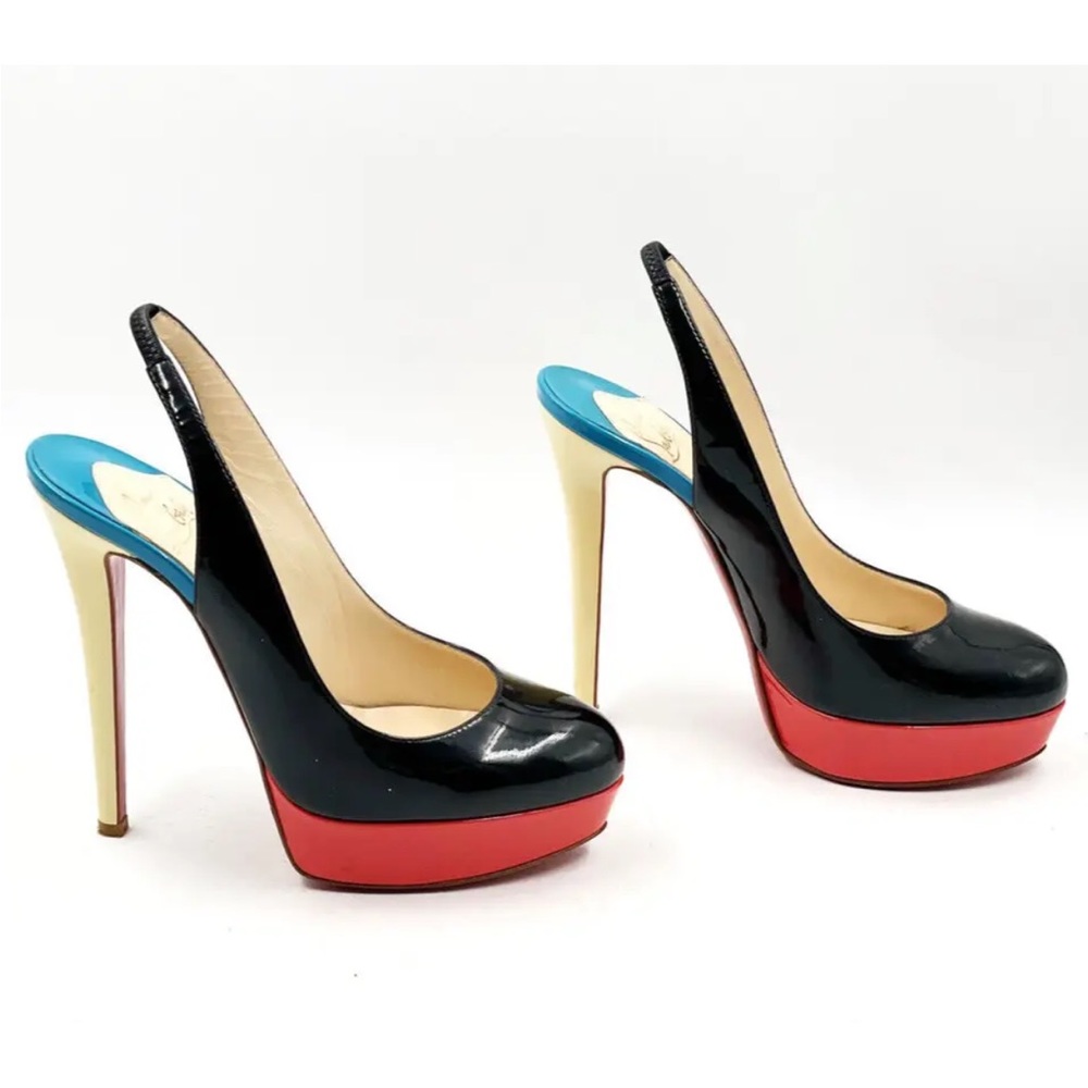 CHRISTIAN LOUBOUTIN Bianca Tricolor Slingback Platform Pumps Heels US7.5 EU 37.5
